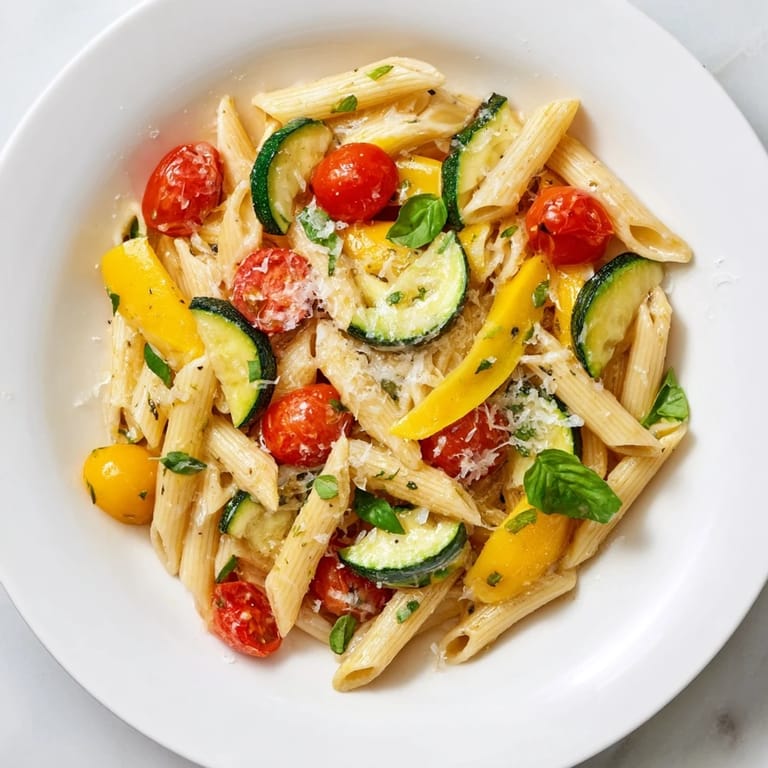 Tender garden vegetables and ripe tomatoes create a vibrant sauce clinging to each piece of Garden Veggie Pasta, garnished with lemon zest.