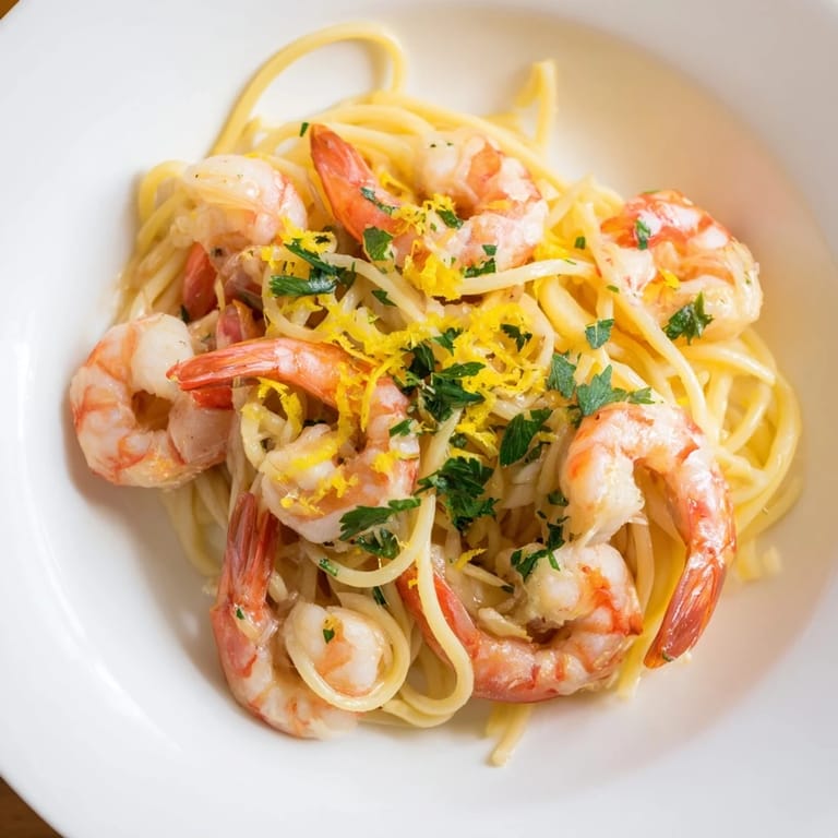 Freshly chopped parsley and grated Parmesan garnish this steaming skillet of Lemon Garlic Shrimp Pasta, ready for a family dinner.