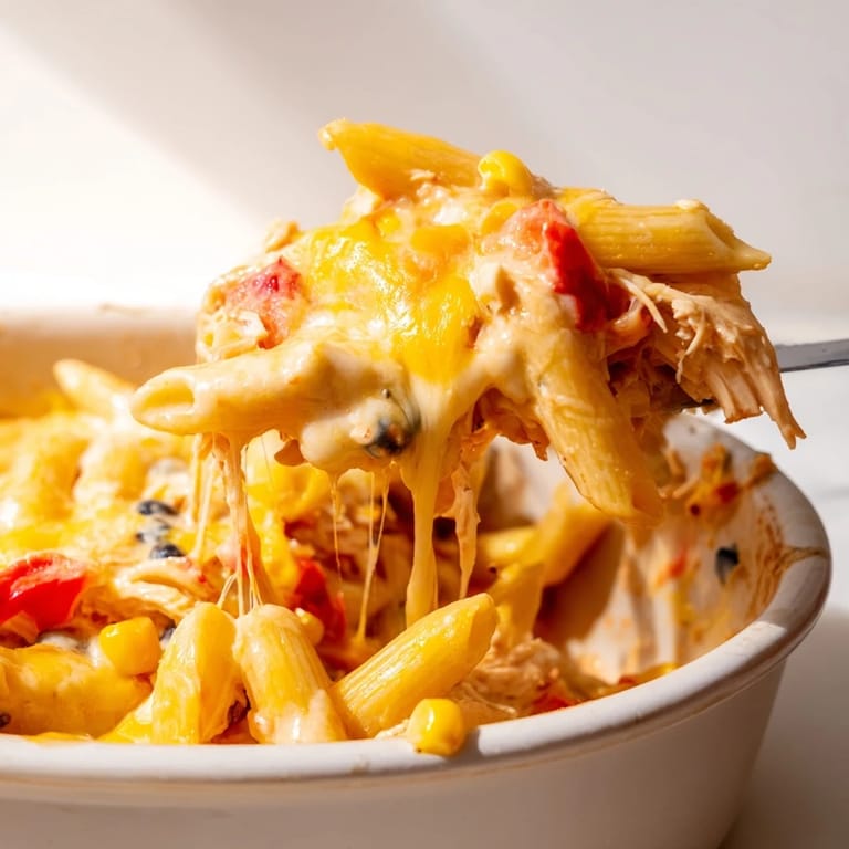 Serving of Chicken Burrito Pasta Bake topped with cilantro and jalapeños on a plate with lime wedges.