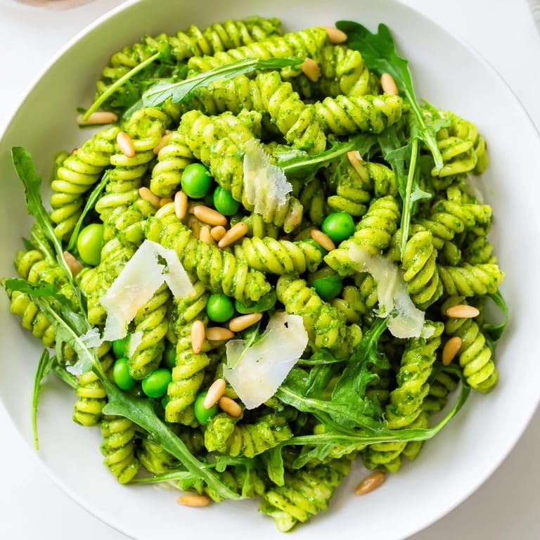A close-up of chilled Spring Green Pesto Pasta Salad garnished with toasted pine nuts and fresh lemon zest.