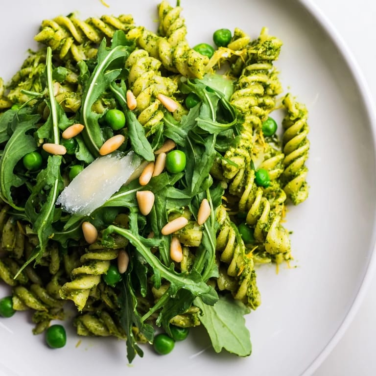 Hearty Spring Green Pesto Pasta Salad tossed with fusilli, greens, and pine nuts, perfect for a spring picnic.