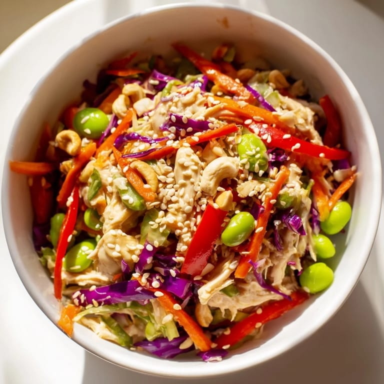 Serving suggestion for Edamame Crunch Chicken Salad paired with roasted cashews, ready to enjoy as a light lunch or dinner.
