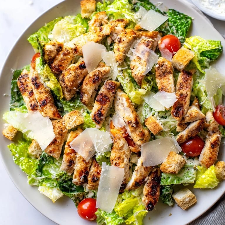 Tender slices of grilled chicken atop a fresh romaine salad dressed in tangy Greek yogurt Caesar.  
