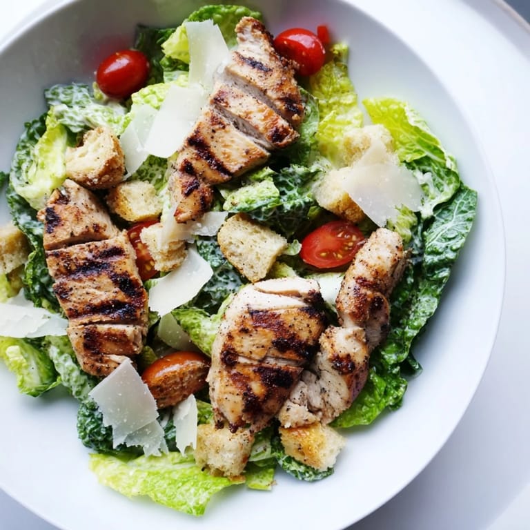 Vibrant salad with juicy grilled chicken, cherry tomatoes, and shaved Parmesan featuring yogurt Caesar dressing.