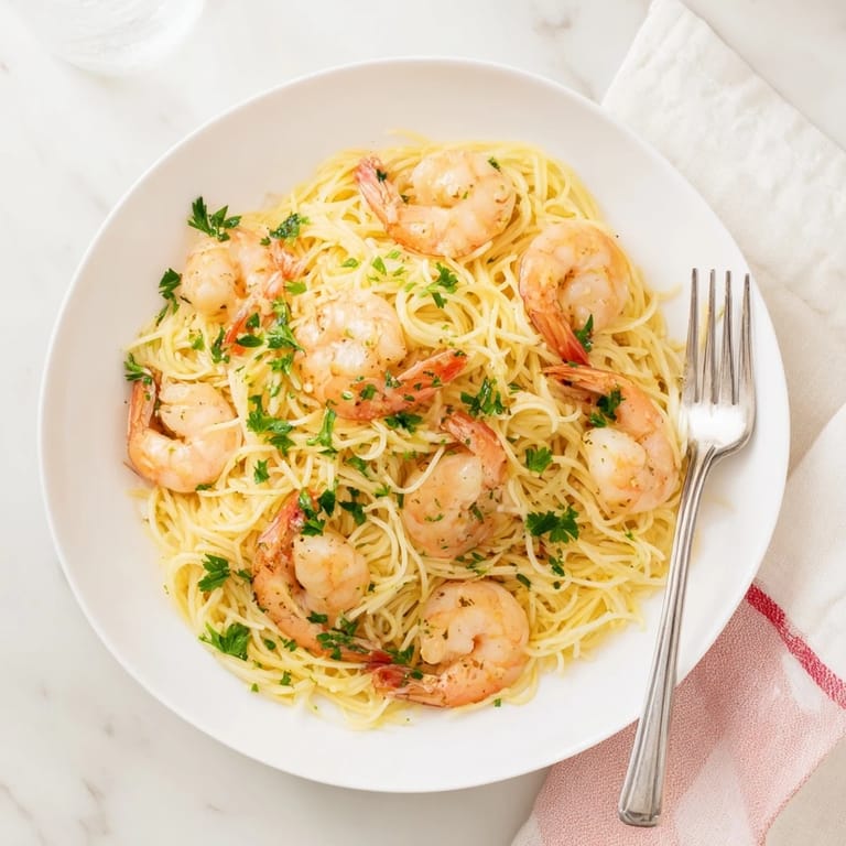 Vibrant platter of angel hair pasta coated in zesty lemon-butter sauce, featuring juicy shrimp and fresh parsley, perfect for a light and satisfying family dinner.