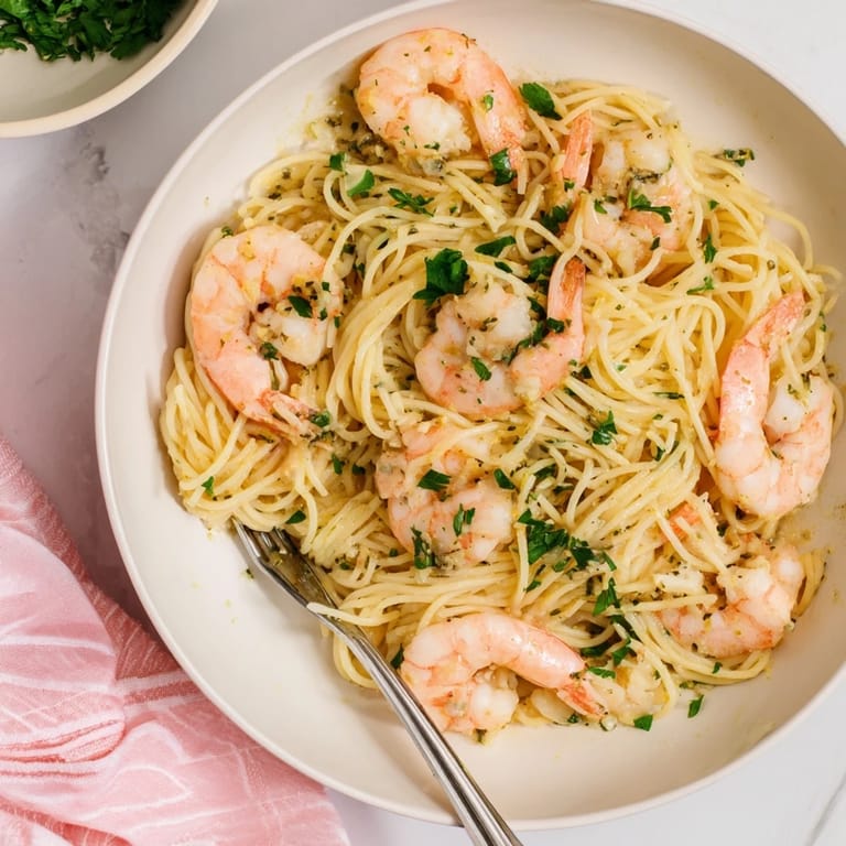 Succulent shrimp sizzling in a light lemon-butter sauce over delicate angel hair pasta, topped with fresh parsley for a quick, pescatarian-friendly weeknight meal.