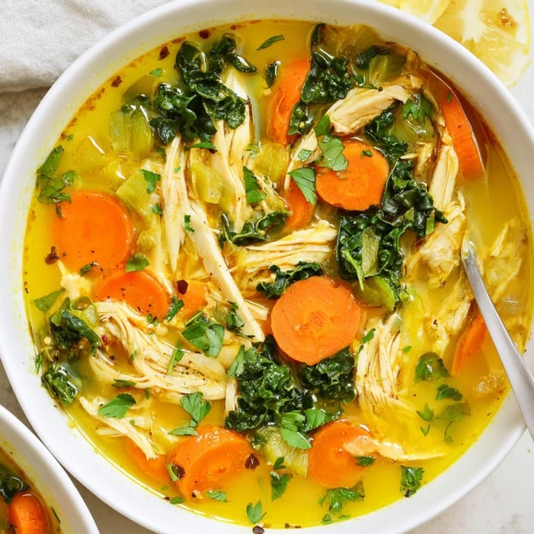 Overhead view of High Protein Lemon and Turmeric Chicken Soup, featuring vibrant yellow turmeric broth with shredded chicken and greens.