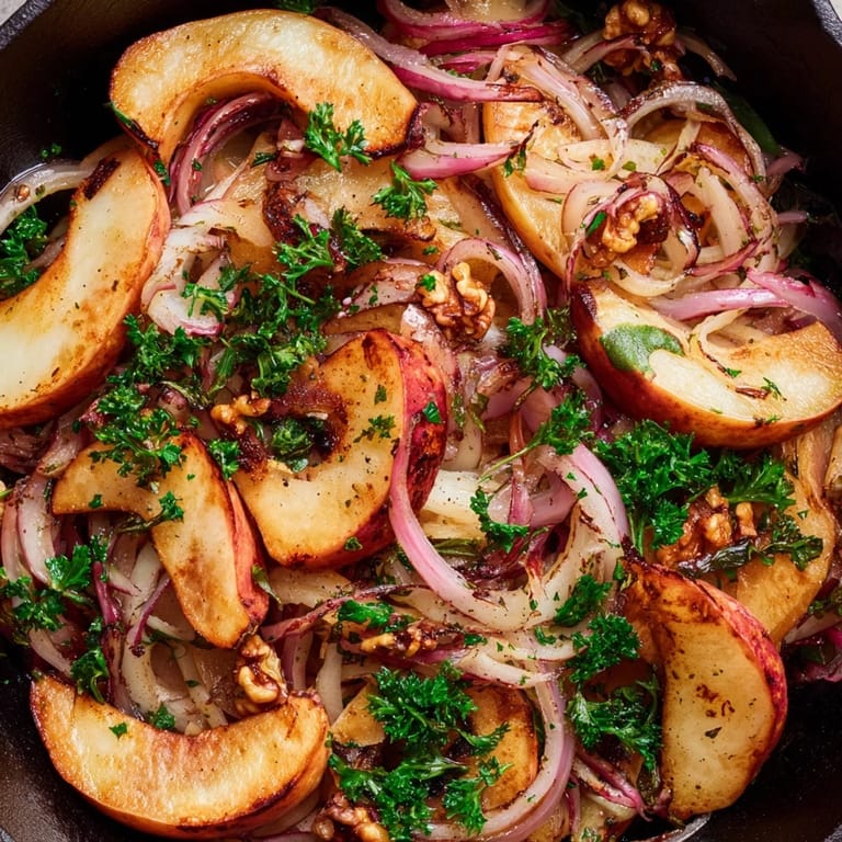 A close-up of Warm Apple and Sauerkraut Skillet Salad topped with fresh parsley and toasted walnuts on a rustic platter.  