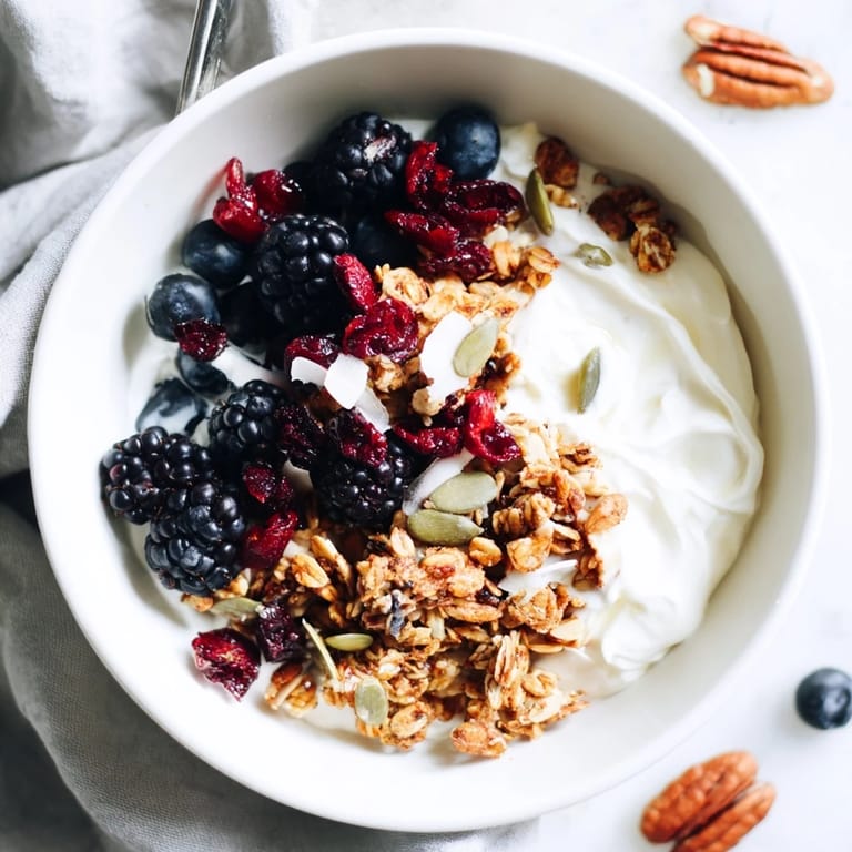 A close-up of the Yogurt Bowl with Winter Berries and Spiced Crunch, with cinnamon-dusted oats and jewel-toned fruit.  