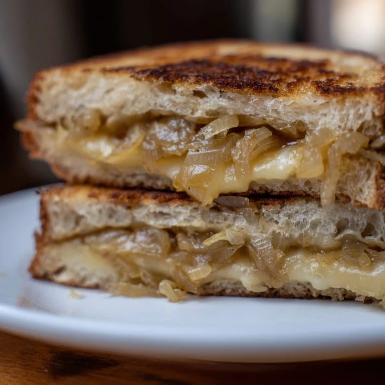 Perfectly golden grilled cheese halves reveal layers of sweet onions and rich Gruyère, ideal for pairing with a warm tomato soup.