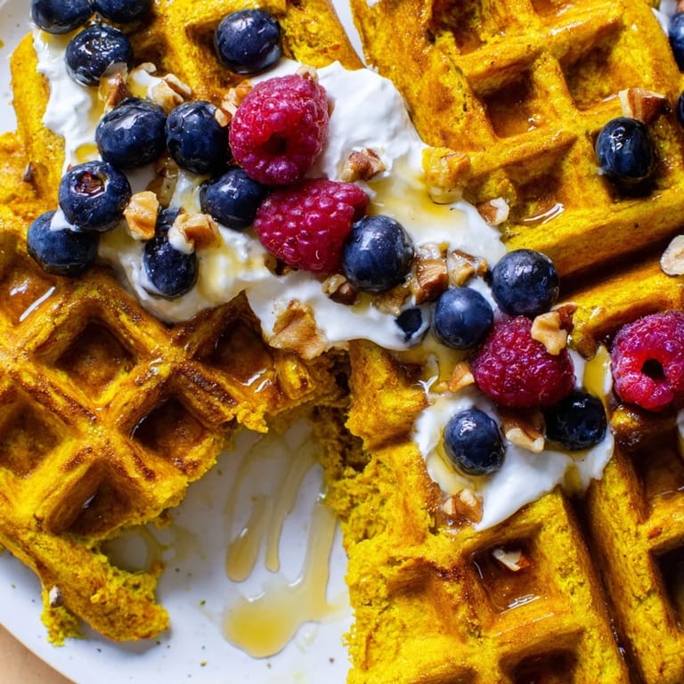 A close-up view of golden Anti-Inflammatory Adaptogenic Turmeric Waffles topped with creamy yogurt and sliced banana.