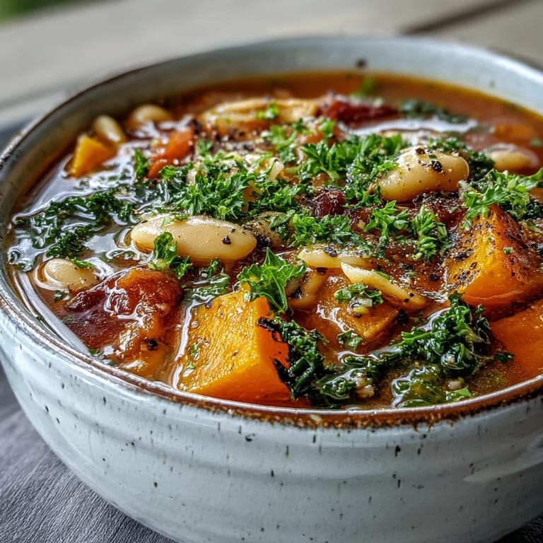 Hearty Winter Minestrone Soup steaming in a white ceramic bowl, with a spoon ready and fresh parsley garnish for a cozy family dinner.