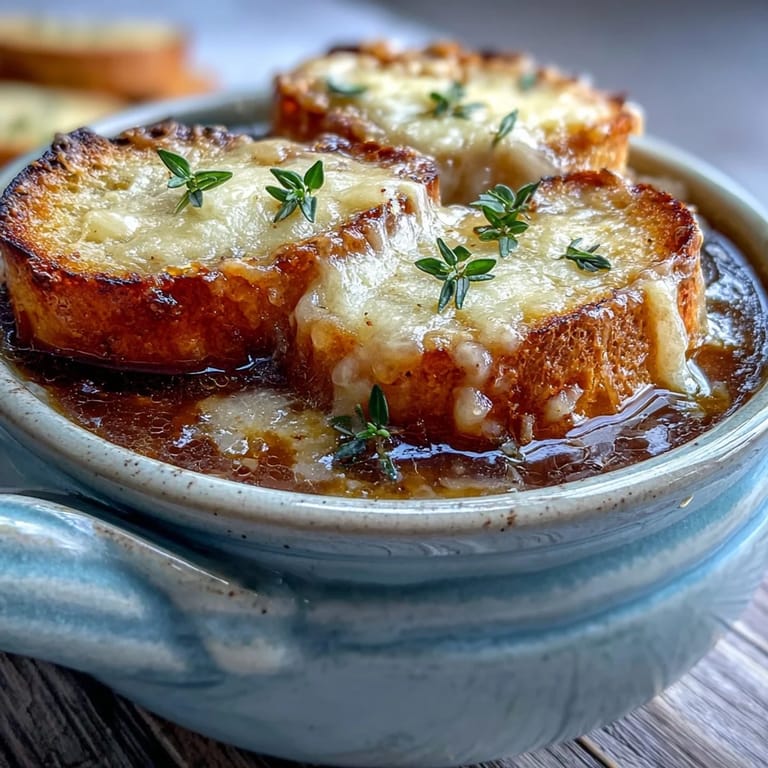 Oven-broiled baguette and cheese top this rustic, homemade French onion soup in a Dutch oven.