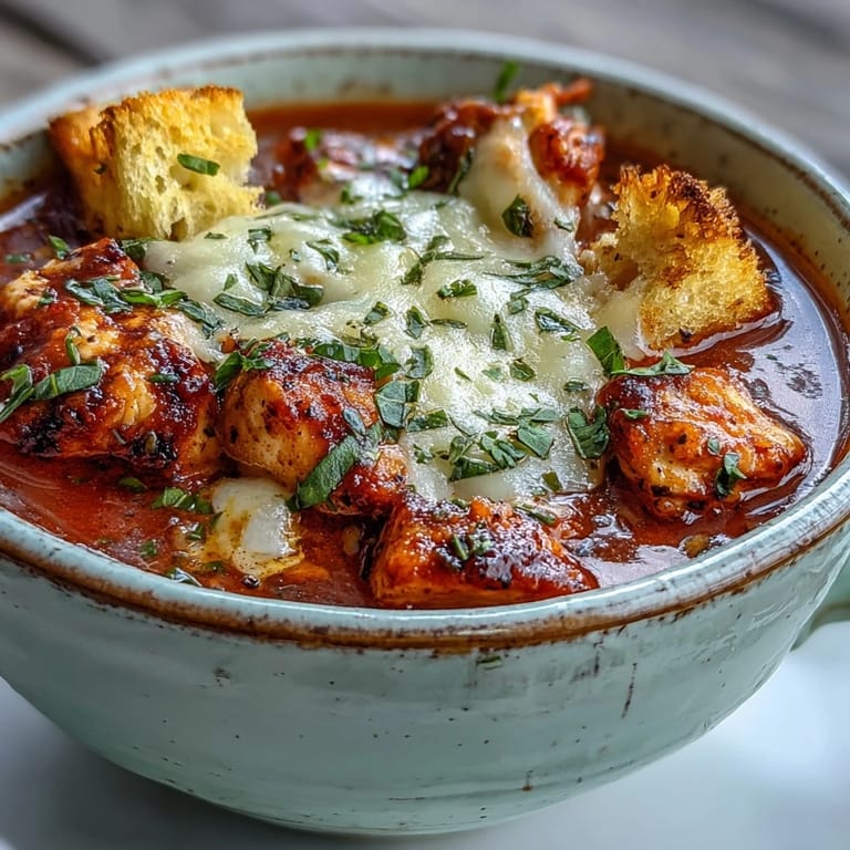 Grilled Chicken Parmesan Soup served in a rustic bowl with a spoon, ready to enjoy.