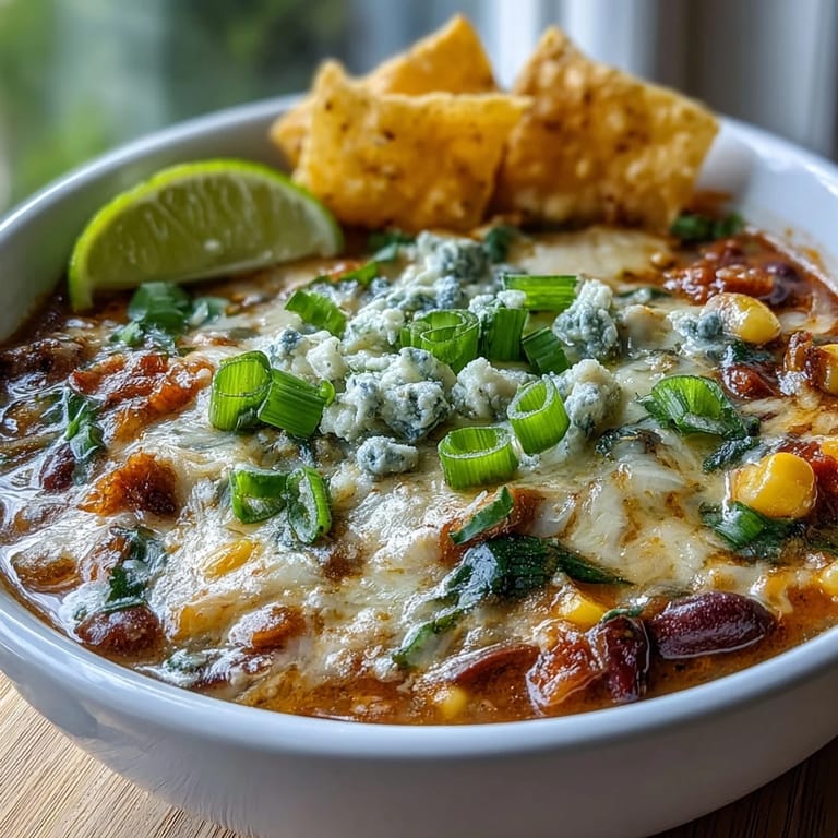 A bowl of Creamy Taco Soup topped with green onions and extra cheese, served beside crunchy tortilla chips for dipping.