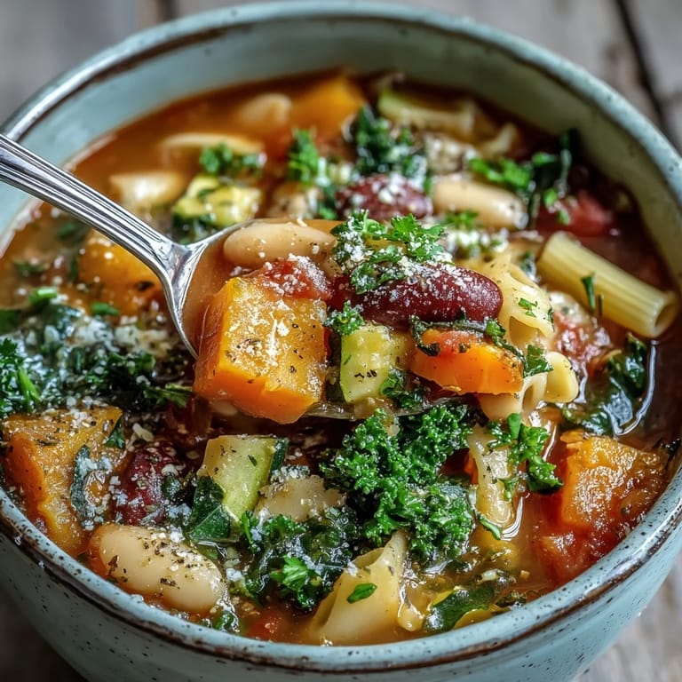 A close-up of freshly ladled Winter Minestrone Soup garnished with parsley and Parmesan, served alongside a slice of crusty bread.