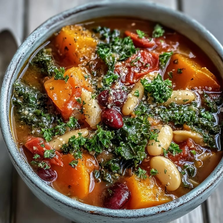 A ladle serving Winter Minestrone Soup from a large pot, revealing colorful vegetables and beans, perfect for a warming vegetarian main dish.