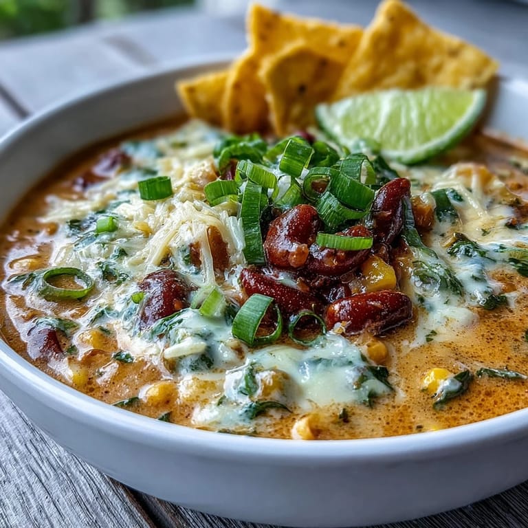 Close-up of Creamy Taco Soup in a Dutch oven, revealing a rich, creamy texture with black beans and corn.