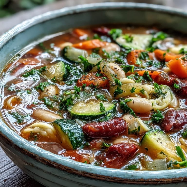 Freshly cooked Minestrone Soup with ditalini pasta and greens garnished with parsley and Parmesan cheese.