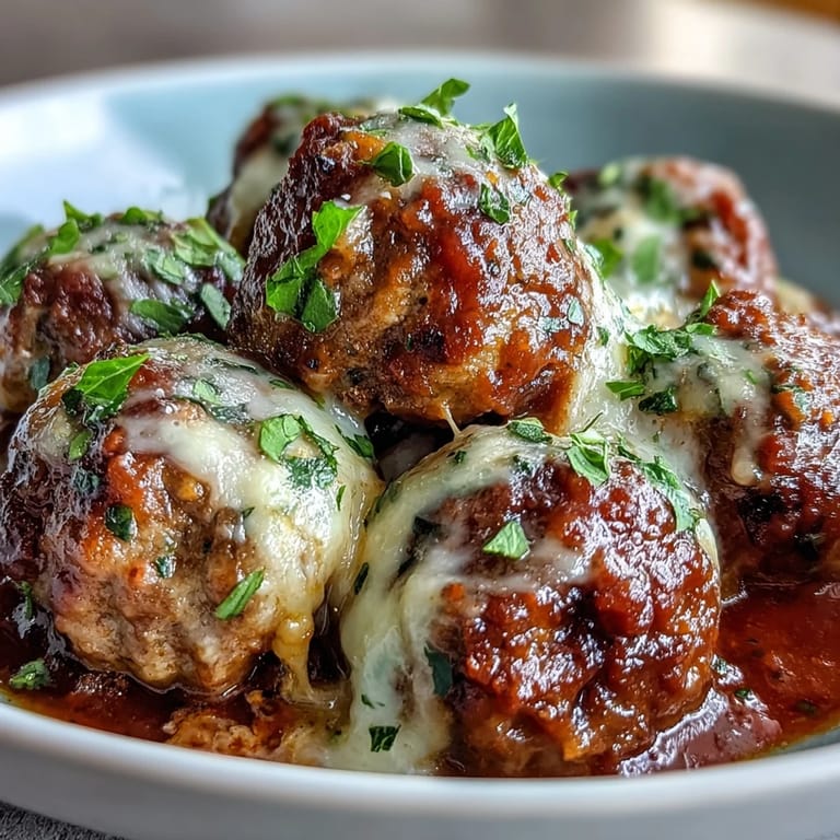Savory Cheesy, Garlicky Meatballs With Marinara simmering in rich tomato sauce, showcasing melted mozzarella and fresh parsley garnish.