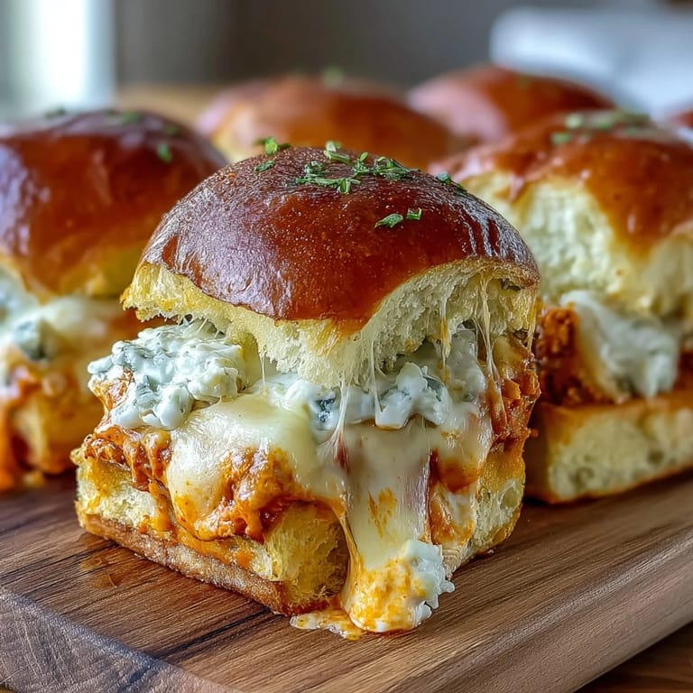 A close-up of Pizza Dip Sliders revealing creamy Buffalo chicken dip stuffed inside soft slider buns, topped with fresh parsley.  