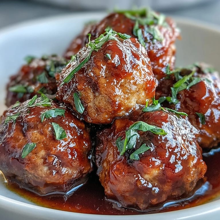 A close-up of Slow Cooker Peach Glazed Meatballs glistening with glaze, garnished with fresh parsley and served alongside fluffy white rice.