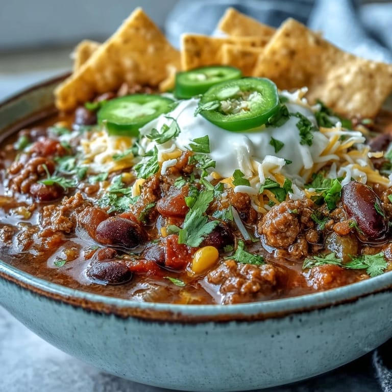 Freshly ladled Taco Soup in a rustic bowl, garnished with jalapeños, green onions, and a lime wedge.