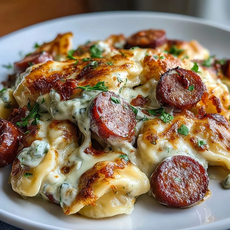 Six servings of creamy Crockpot Pierogi Casserole With Kielbasa, featuring layered pierogi and sausage, perfect for a family dinner.