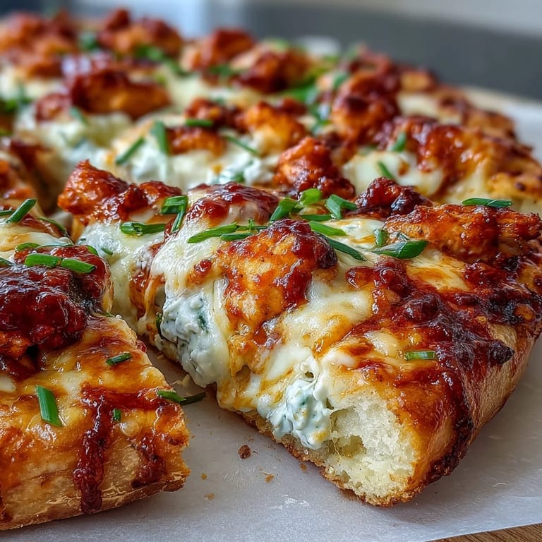 Close-up view of a Buffalo Chicken Pizza slice, highlighting juicy buffalo chicken, tangy blue cheese crumbles, and fresh green onion garnish.