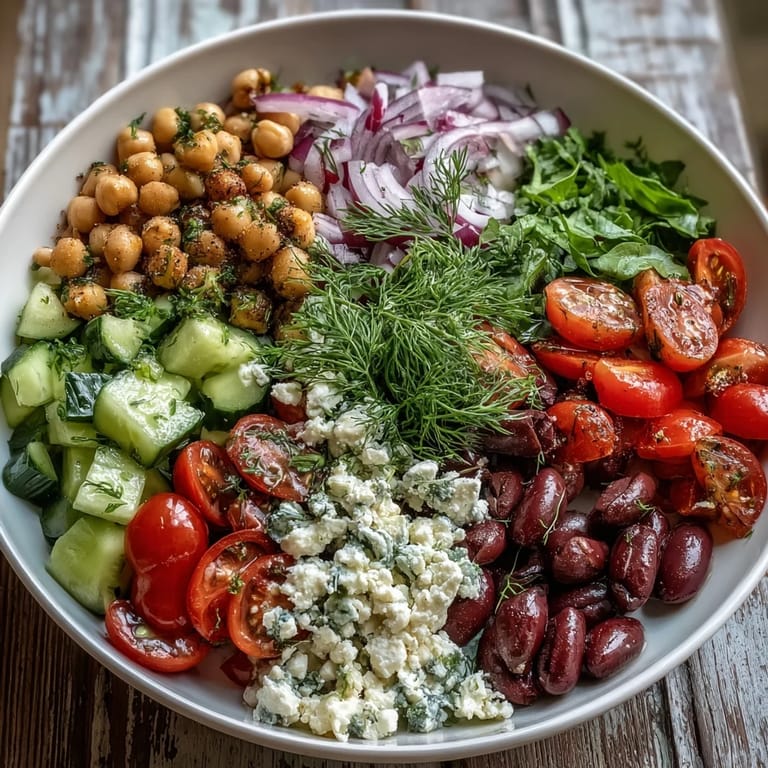 Bright Greek Bean Salad with Lemon Marinated Beans mixed with olives, red onions, and herbs, glistening with zesty olive oil.