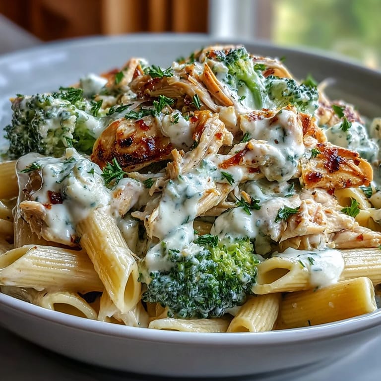 Golden rotisserie chicken pieces and vibrant steamed broccoli nestled in a luscious garlicky yogurt Parmesan sauce, filling a skillet with steam.