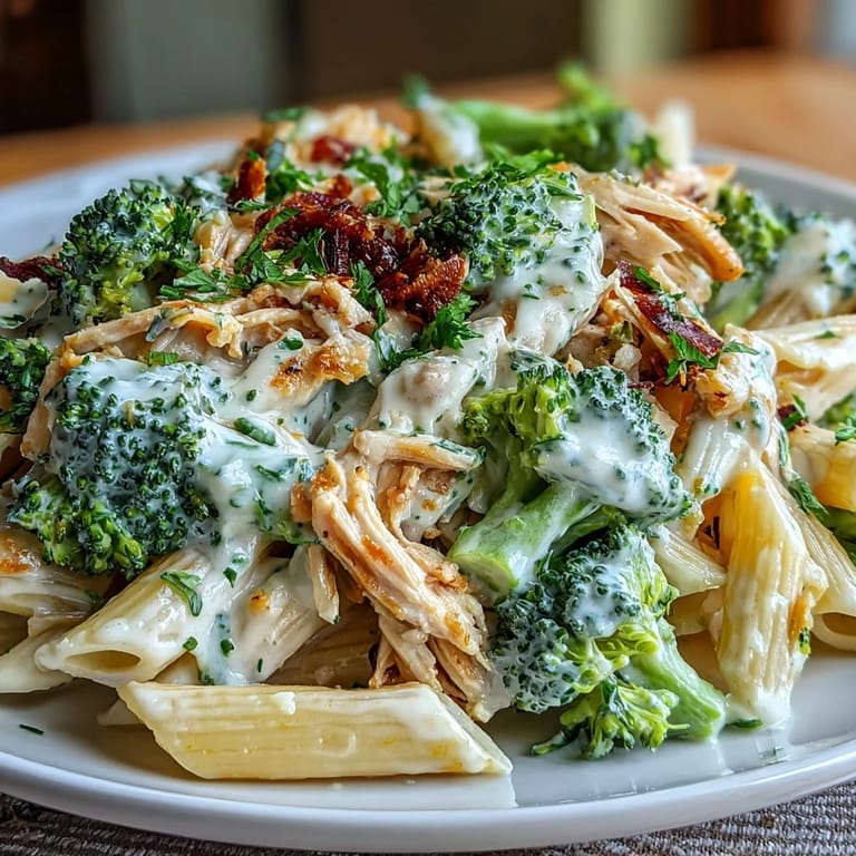 A hearty bowl of whole-wheat penne pasta featuring juicy rotisserie chicken and crisp broccoli, garnished with fresh parsley and extra grated Parmesan.