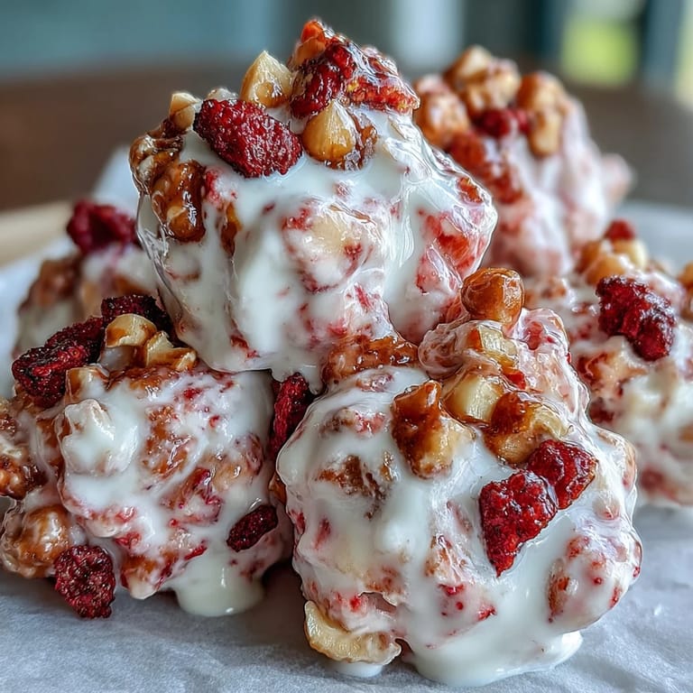 Close-up of frozen Strawberry & Banana Yoghurt Clusters showing textured yogurt and crisp banana chips, perfect for a healthy snack.