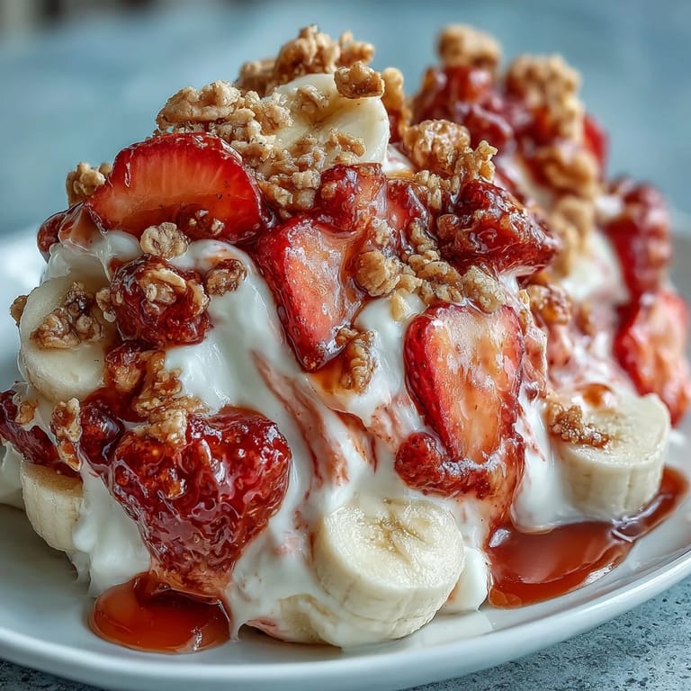 Homemade Strawberry & Banana Yoghurt Clusters featuring marbled Greek yogurt with freeze-dried fruit, served on a marble countertop.