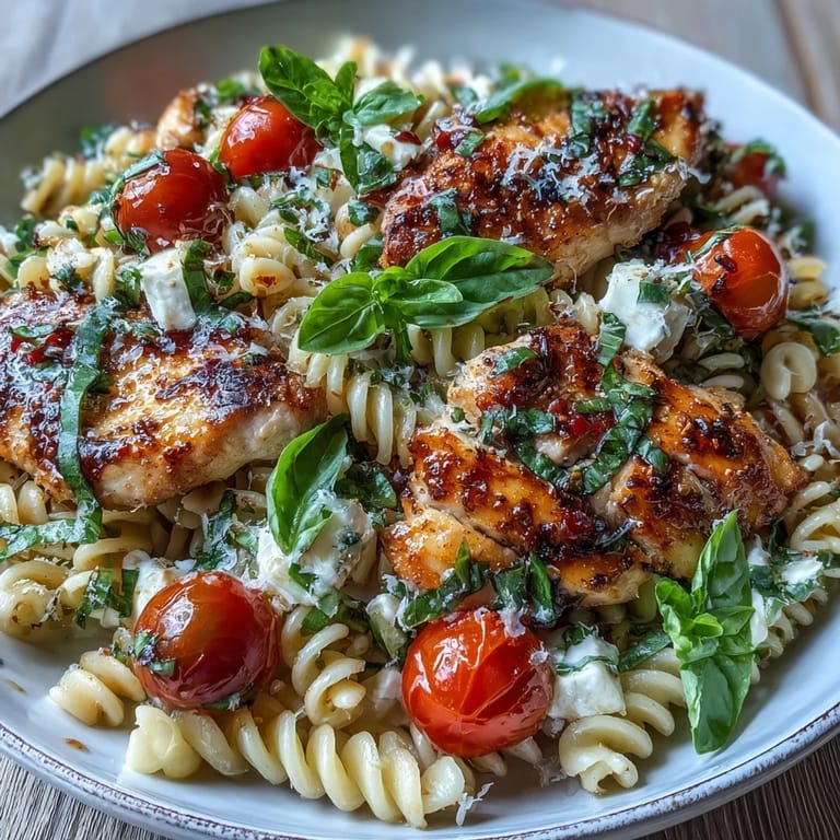 Plated Bruschetta Chicken Pasta topped with Parmesan, basil, and balsamic glaze, perfect for a quick weeknight dinner.