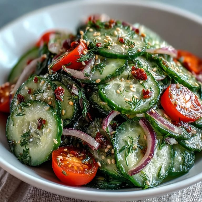 Thinly sliced cucumbers in a tangy vinegar dressing for this Refreshing Crunchy Cucumber Salad, topped with optional jicama and fresh herbs.