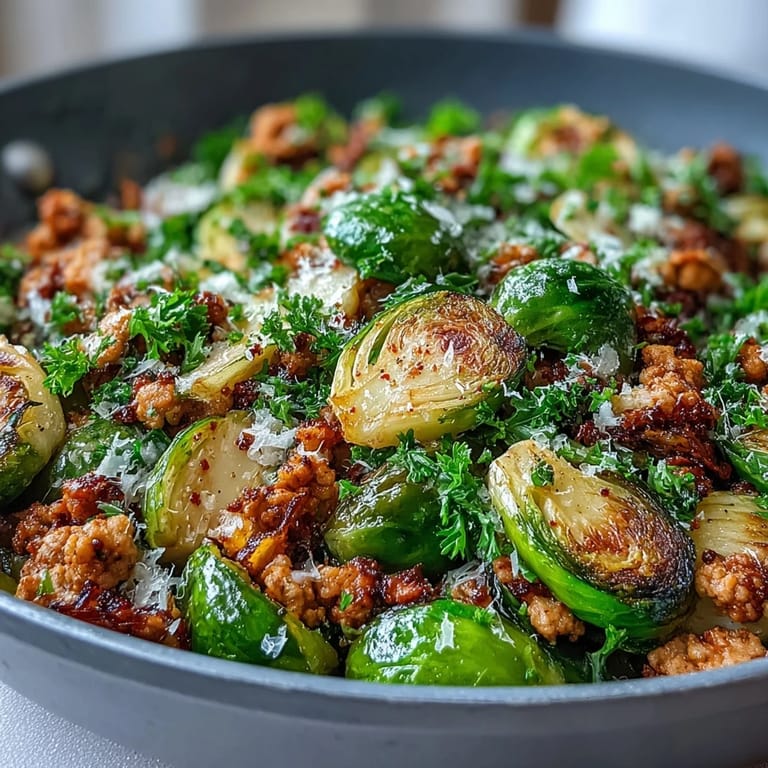 Bright lemon juice and fresh parsley top the Brussels sprouts and ground turkey skillet.