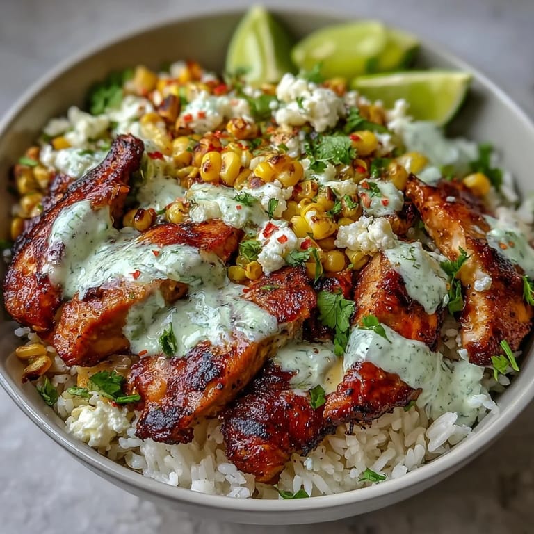 Bright, vibrant Street Corn Chicken and Rice Bowls with golden corn, fresh cilantro, and lime wedges, ready to serve as a hearty Mexican-inspired dinner.