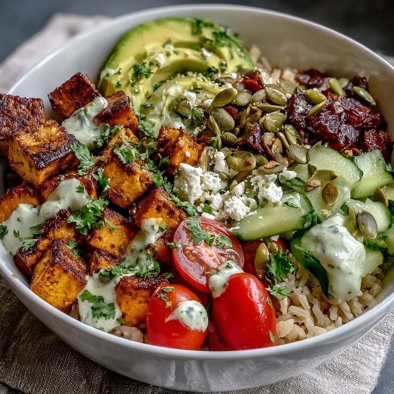 Colorful Customizable Grain Bowl with crisp cucumber, avocado slices, and chickpeas atop quinoa, garnished with crunchy pumpkin seeds and fresh herbs.
