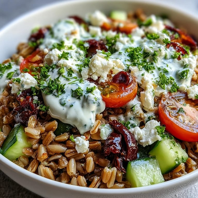Healthy Mediterranean Farro Bowl served in a white bowl, garnished with fresh herbs and lemon wedges.