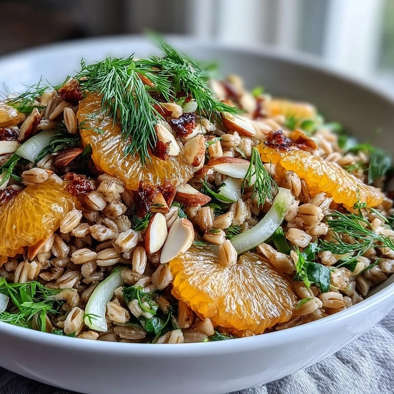 A vibrant Farro Salad Bowl with Fennel, Oranges & Almonds served on a plate, ready to enjoy.