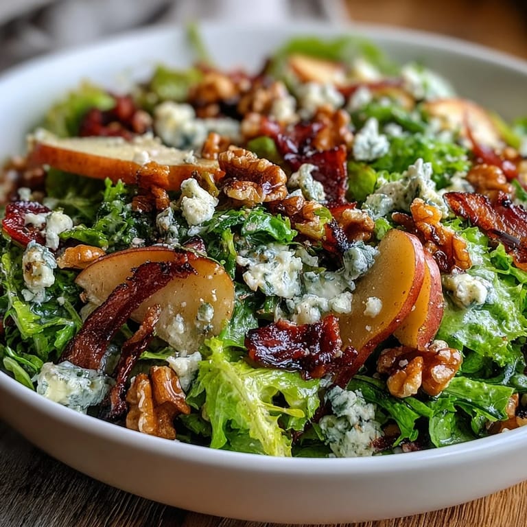 Frisée Pear Blue Cheese Bowl salad plated fresh with walnuts and ripe pear slices, perfect for an easy gluten-free lunch.
