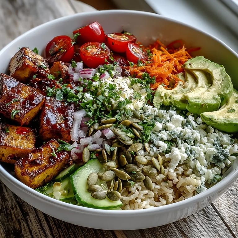 Simple Grain Bowl topped with pan-seared tofu, shredded carrots, red onion, pumpkin seeds, and fresh herbs.