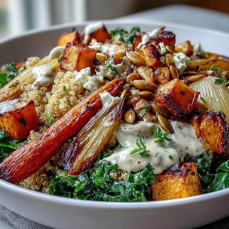Fork holding a bite of the Hearty Winter Grain Bowl with feta and toasted pumpkin seeds against a cozy winter background.