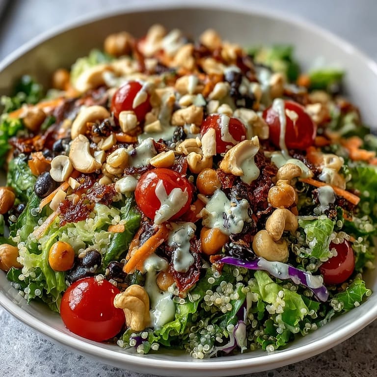 Close-up of a nutrient-packed Rainbow Salad Bowl with quinoa, chickpeas, and colorful veggies ready to eat.
