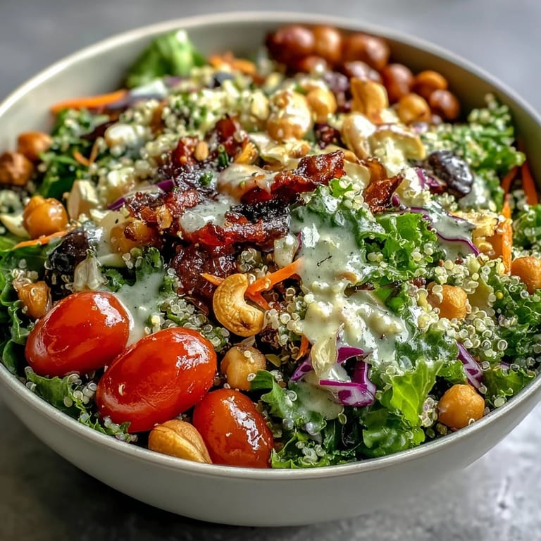 This Rainbow Salad Bowl is tossed with a zesty dressing and served as a hearty lunch.  