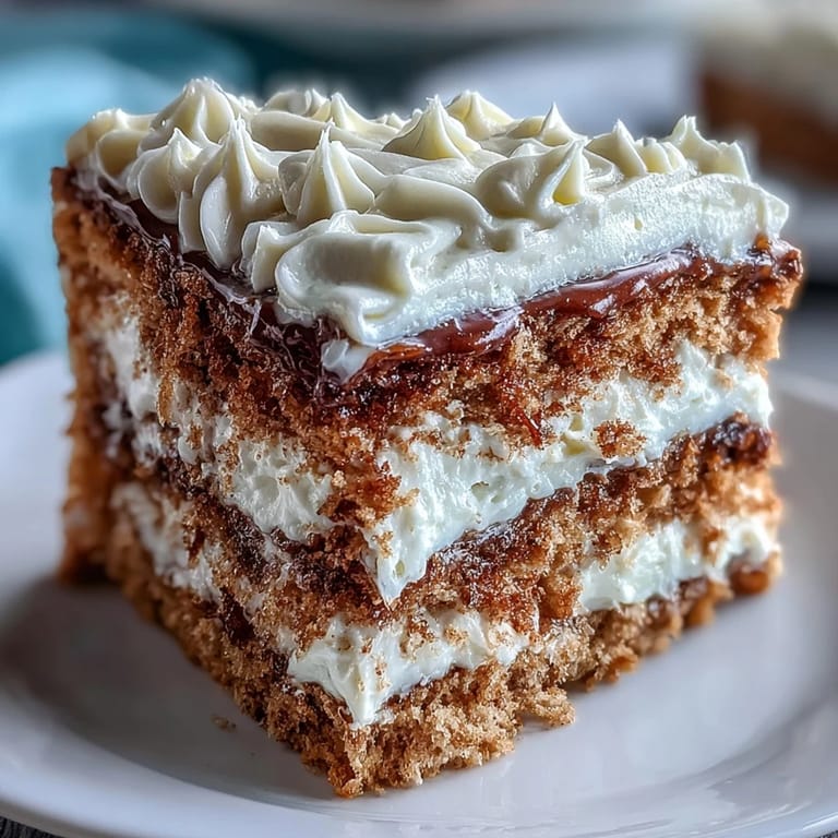 A single slice of Fluffy Hojicha Cake reveals moist, airy crumb and luscious roasted tea cream on a white plate.