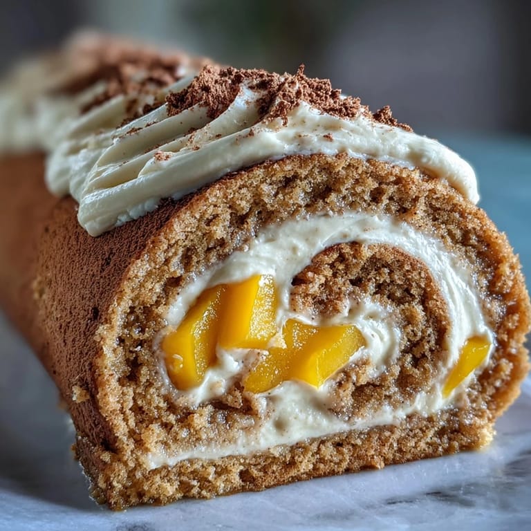 Freshly rolled hojicha sponge reveals spiraled layers of caramel-toned cream and mango inside.