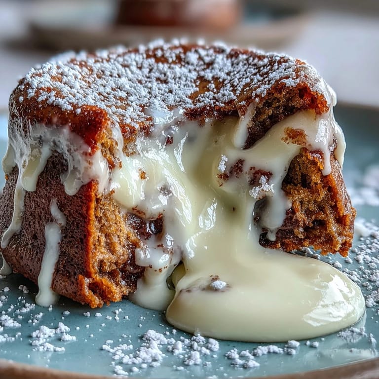 A Hojicha White Chocolate Lava Cake shows its molten white chocolate center on a rustic table.