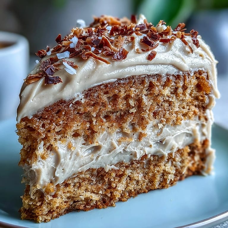 Overhead view of a frosted Vegan Hojicha Latte Cake dusted with hojicha powder on a ceramic plate.